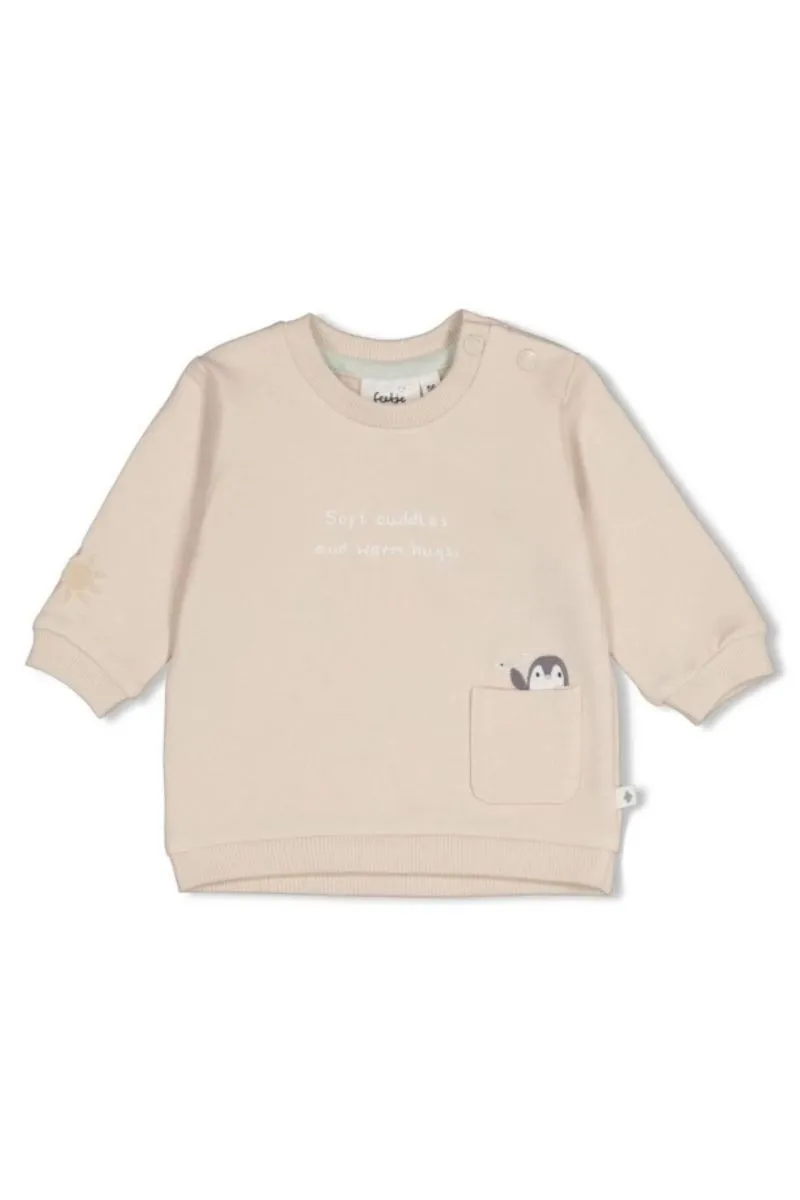 Feetje Sweater Penguin Cuddles Zand, zandkleurige trui met pinguïnmotief